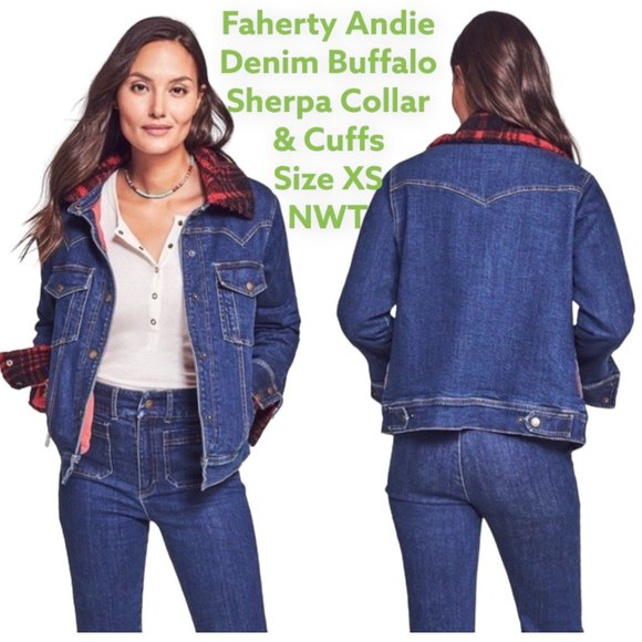Faherty Women's Size XS Andie Denim Trucker Red Buffalo Sherpa Collar Cuffs NWT - Picture 1 of 12